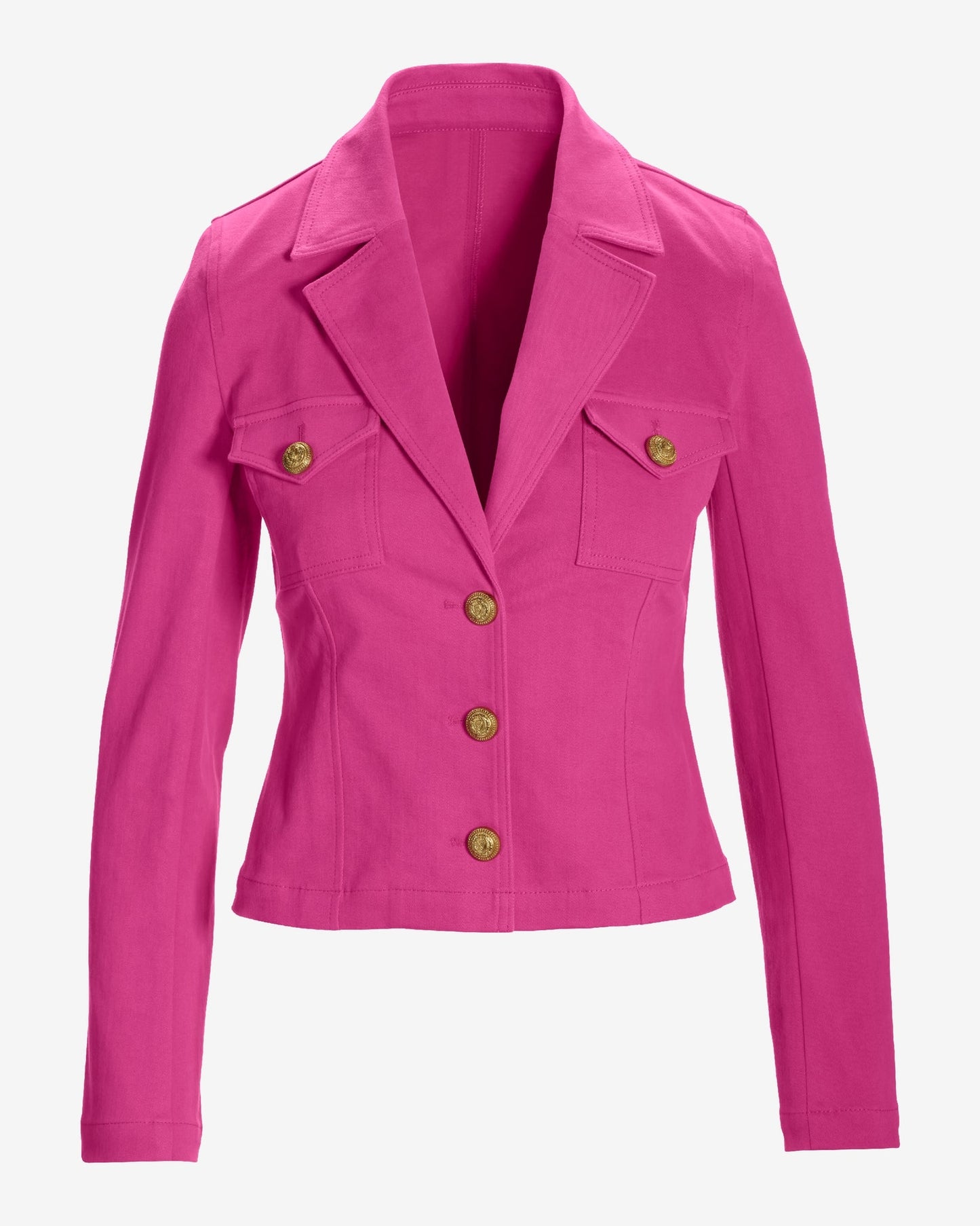 Modern Length Crest Button Luxe Denim Jacket Raspberry Rose