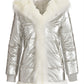 Hooded Metallic Faux Fur Puffer Coat Silver