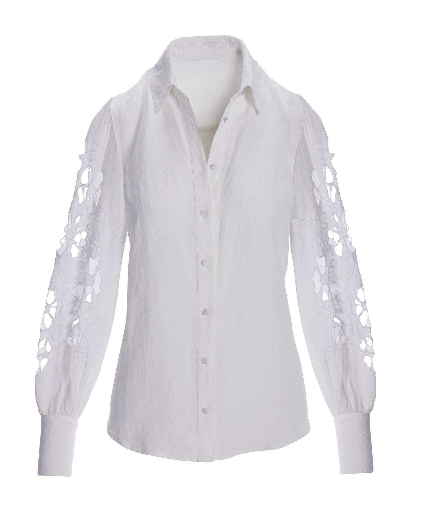 Openwork Embroidered Linen Button-Up Shirt White