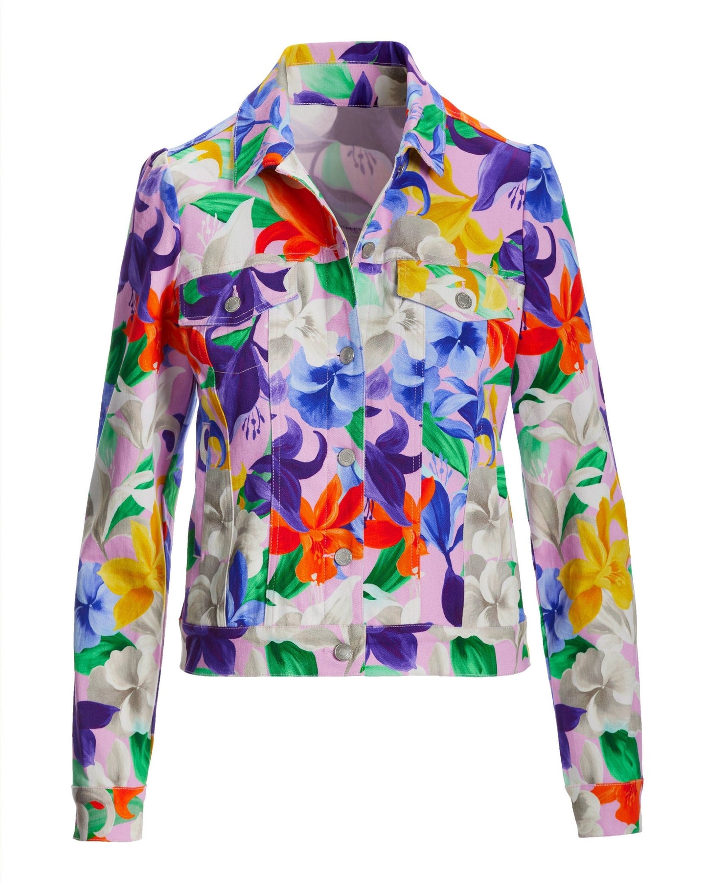 Romantic Florals Print Denim Puff Sleeve Jacket Multi