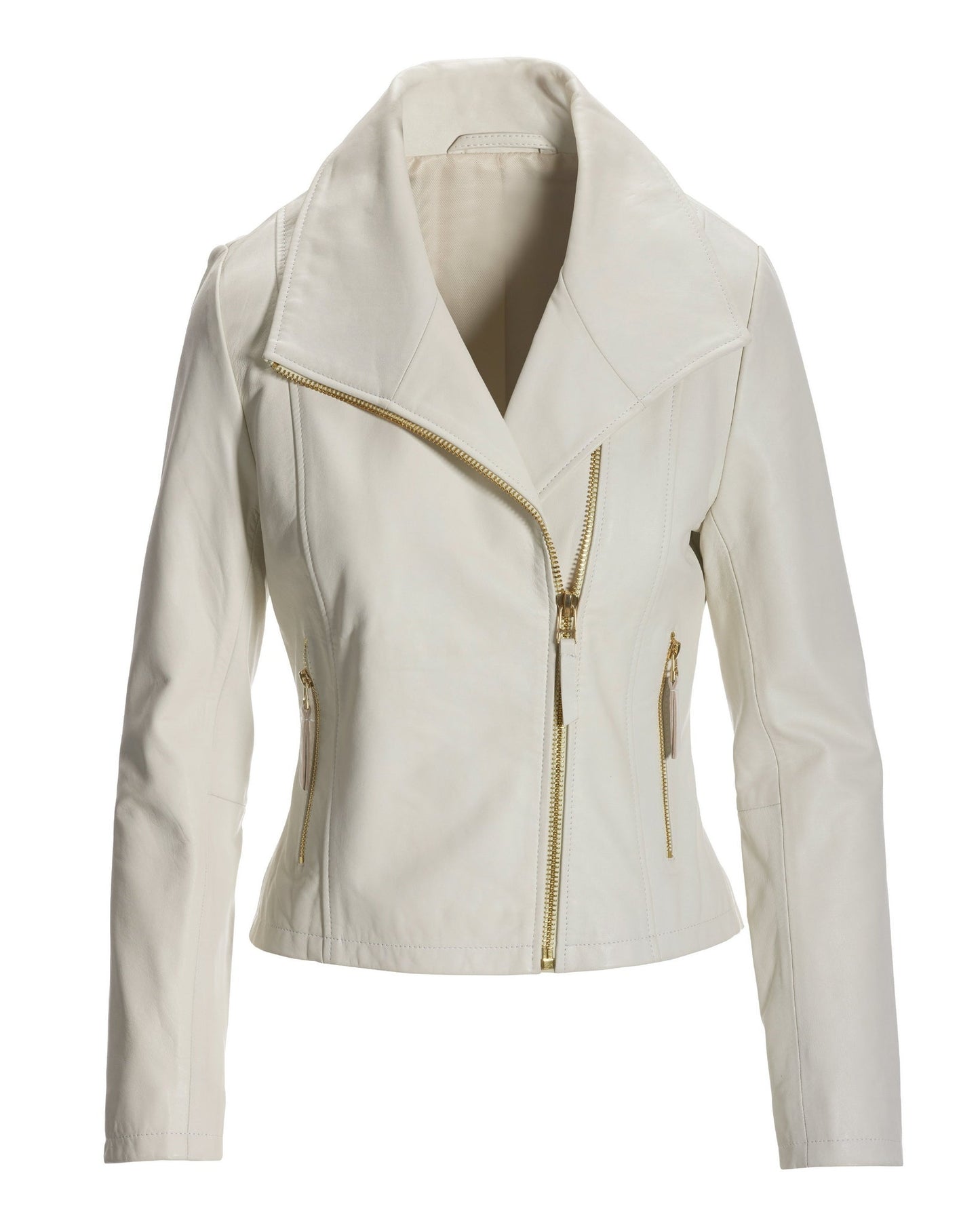 Leather Collared Moto Jacket Off White