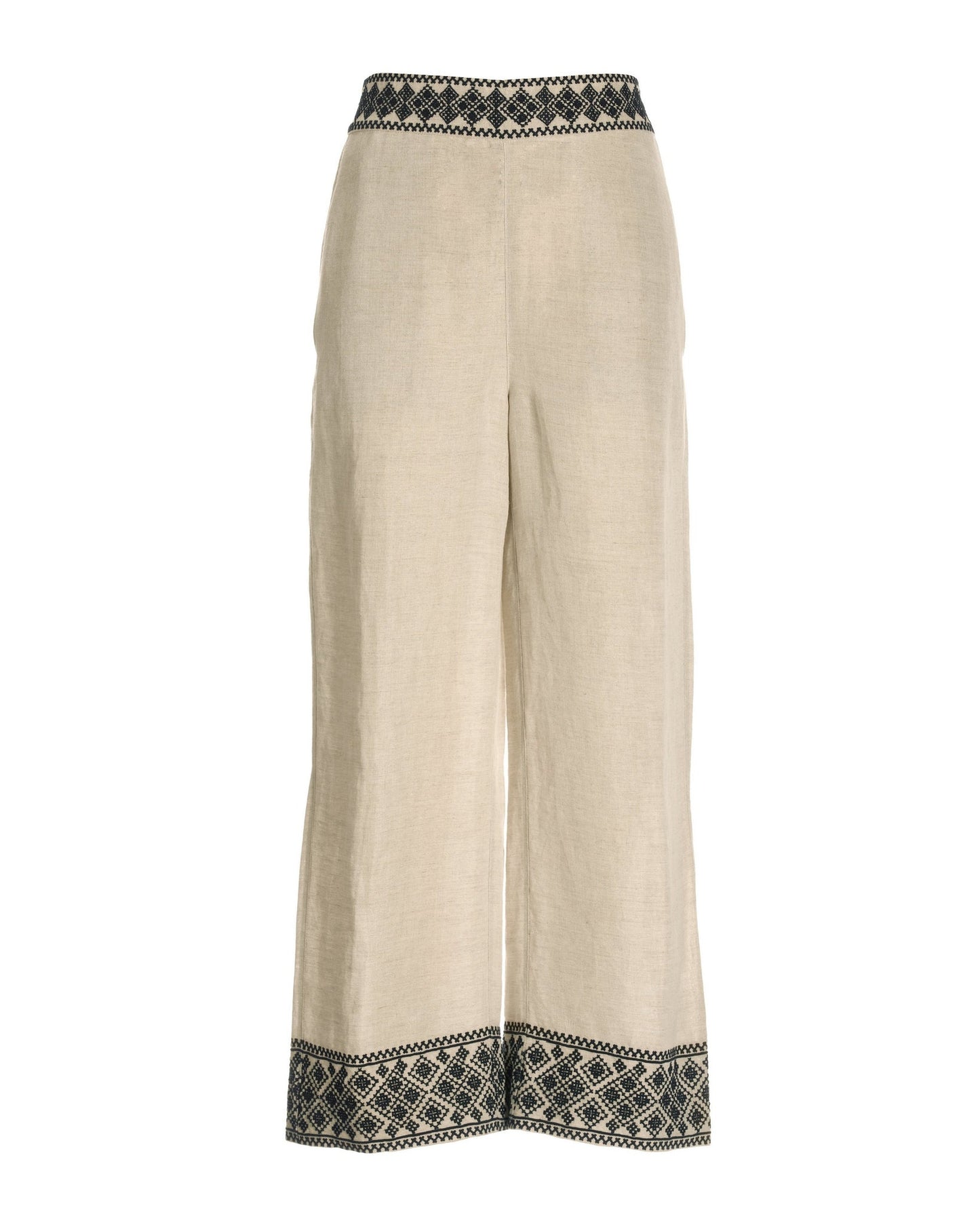 Malibu Embroidered Linen Pull On Crop Pant Flax/Black