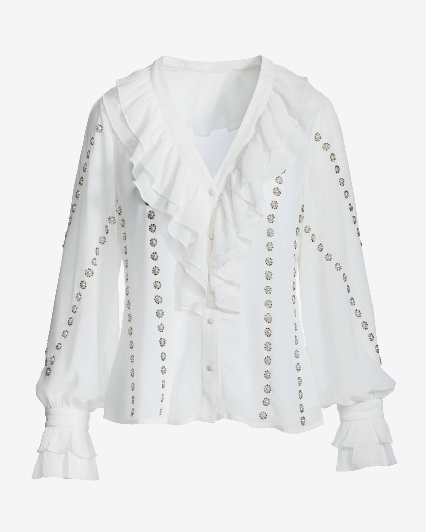 Parisian Pearl Embellished Ruffle Blouse White