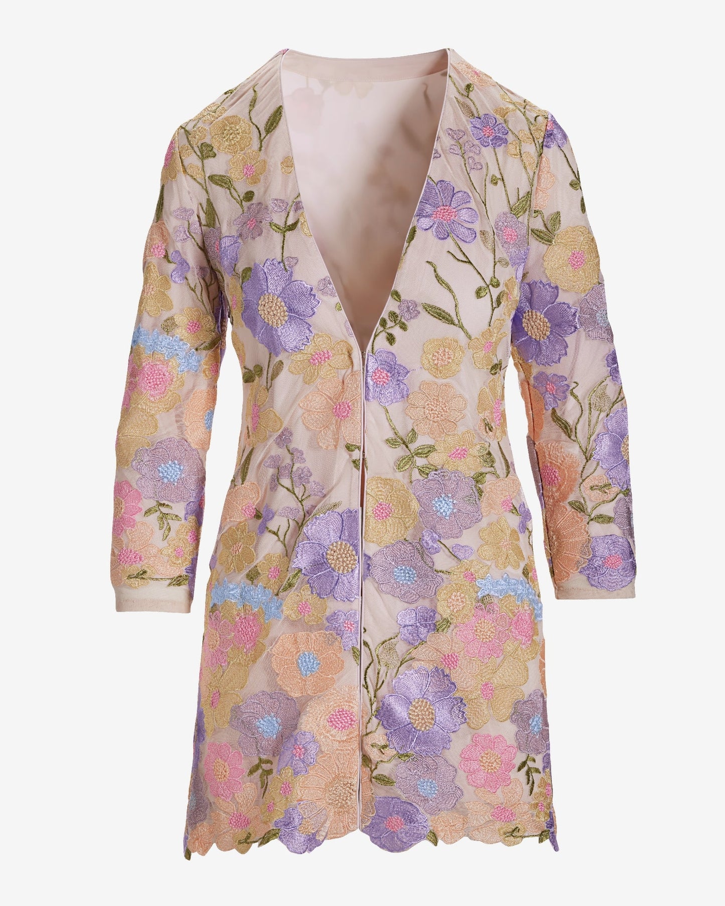 Pastel Embroidered Mesh Three Quarter Sleeve Hip Length Duster Pink Multi