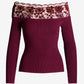 Sequin Lace Off the Shoulder Ribbed Sweater Burgundy