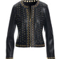 Faux Leather Grommet Collarless Jacket Black