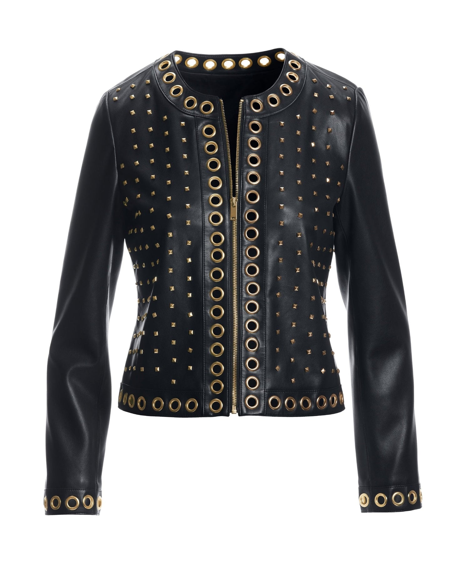 Faux Leather Grommet Collarless Jacket Black