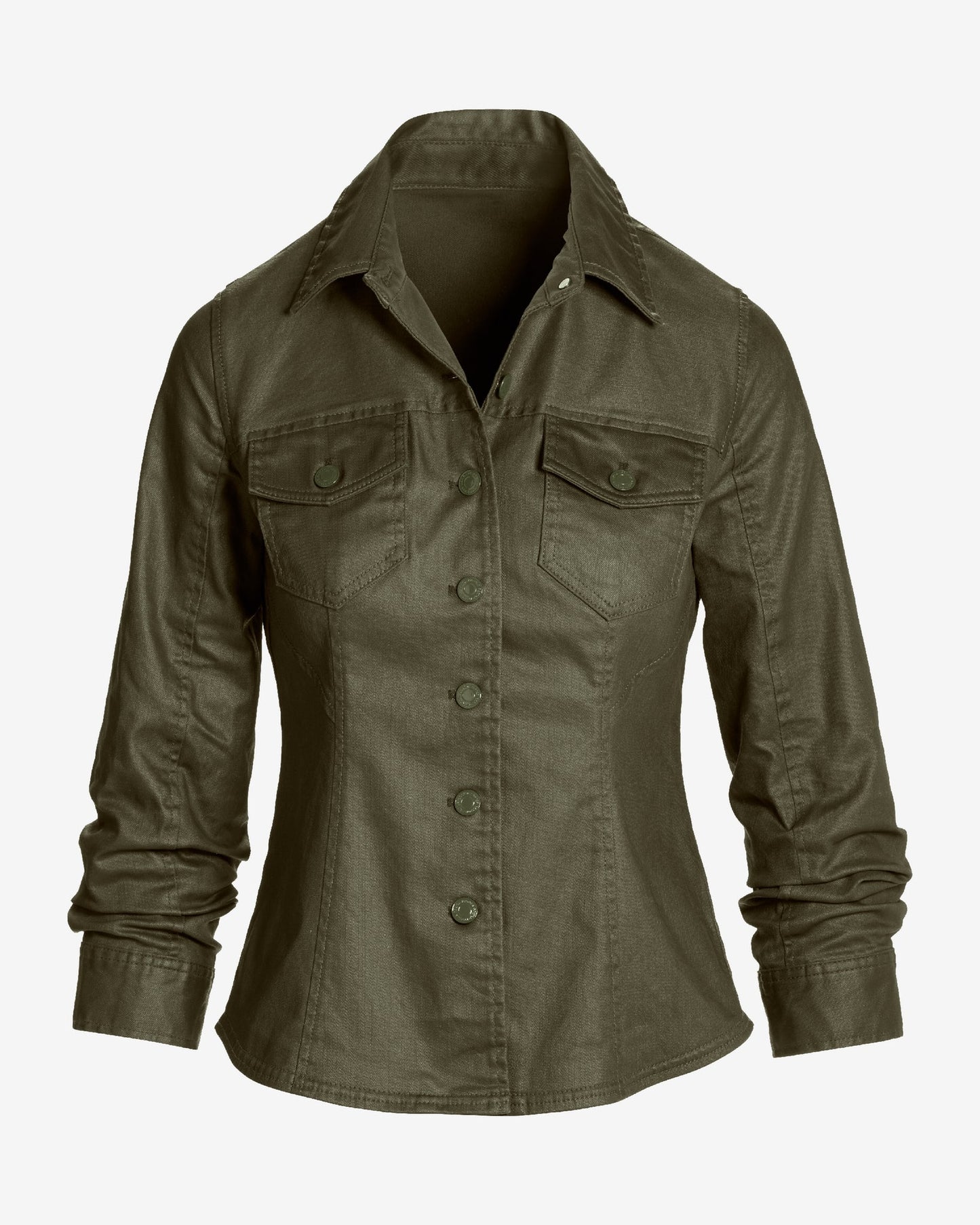 Coated Denim Ruched Sleeve Jacket Olive Night
