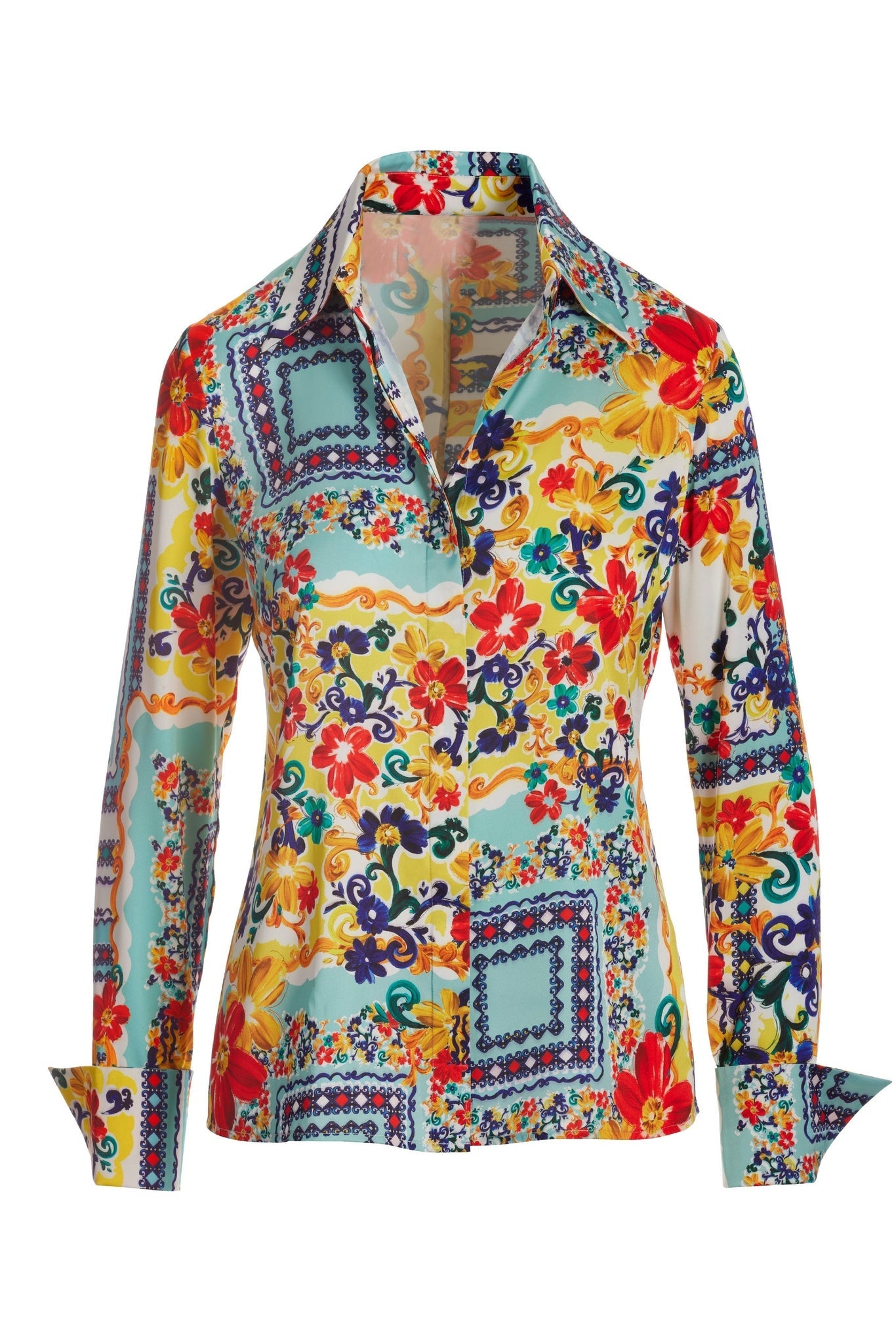 La Dolce Scarf Print Sophia Button Up Charmeuse Blouse Multi
