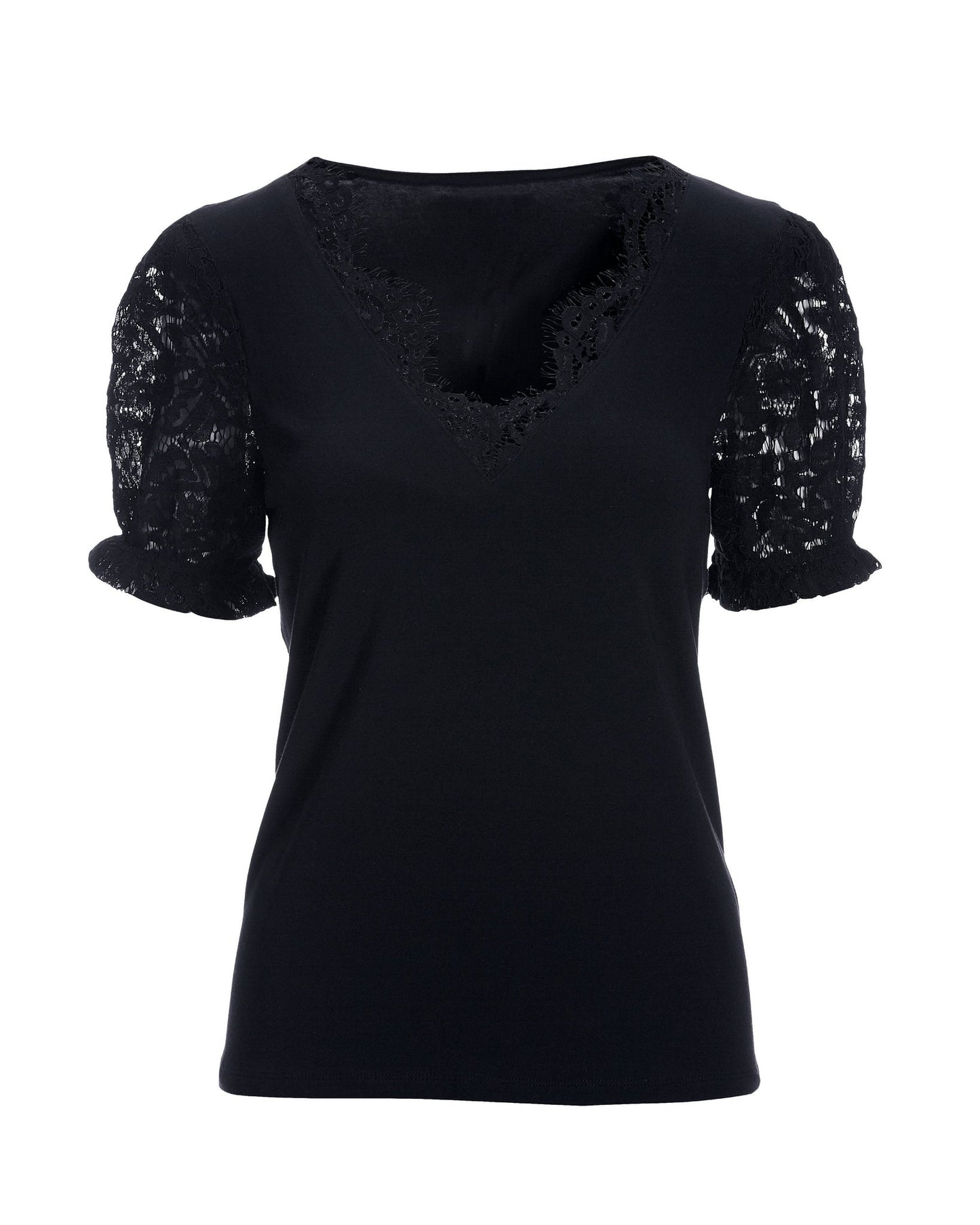 Lace Puff Sleeve V Neck Tee Black