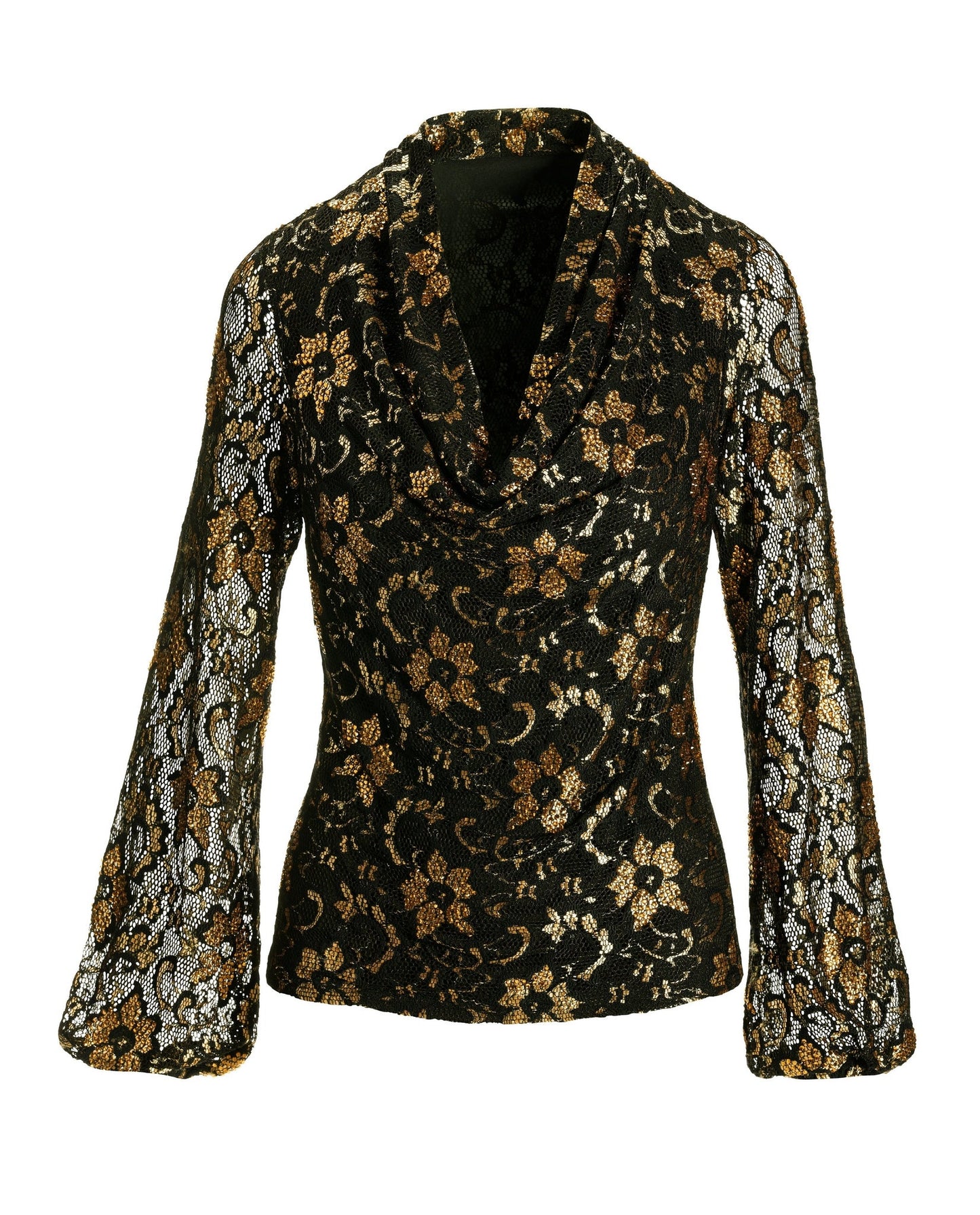 Embellished Cowl Neck Lace Top Black/Gold