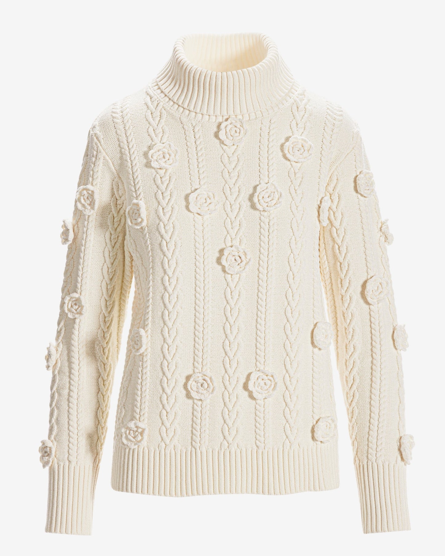 Chenille Rosette Cable Turtleneck Sweater Off White