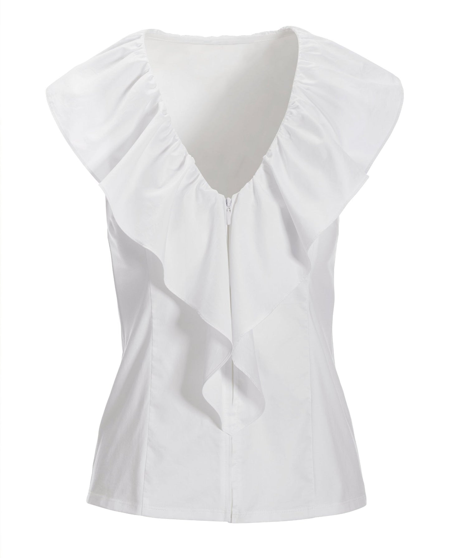 Mixed Media Poplin Ruffle Front Zip Top White
