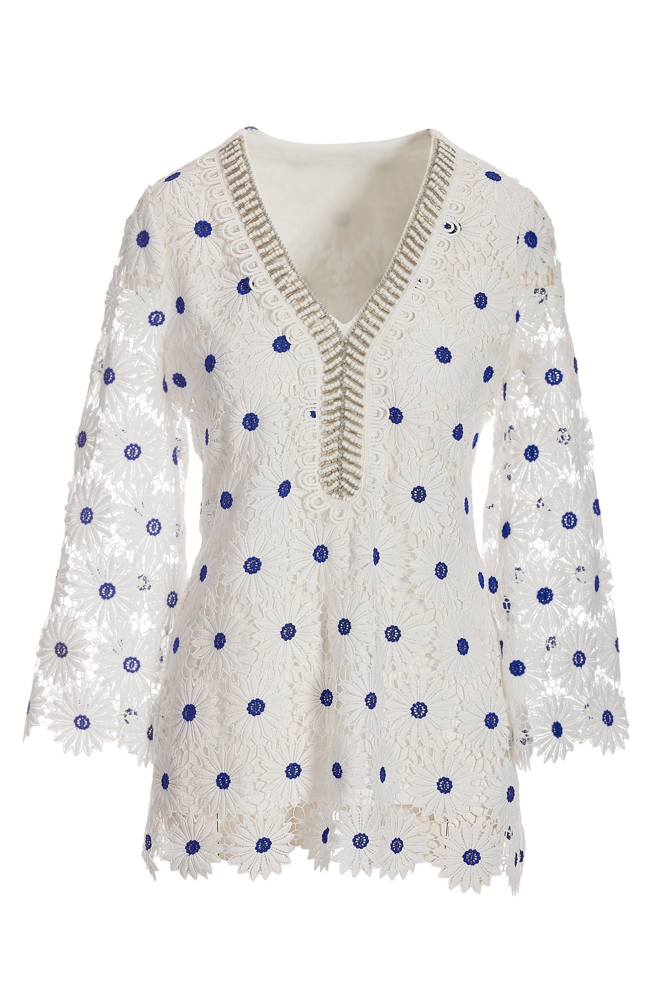 Daisy Lace Embellished Tunic Top White/Blue