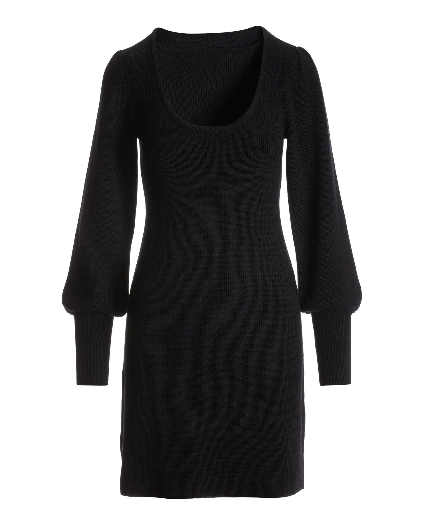 Scoop Neck Balloon Sleeve Sweater Dress Black