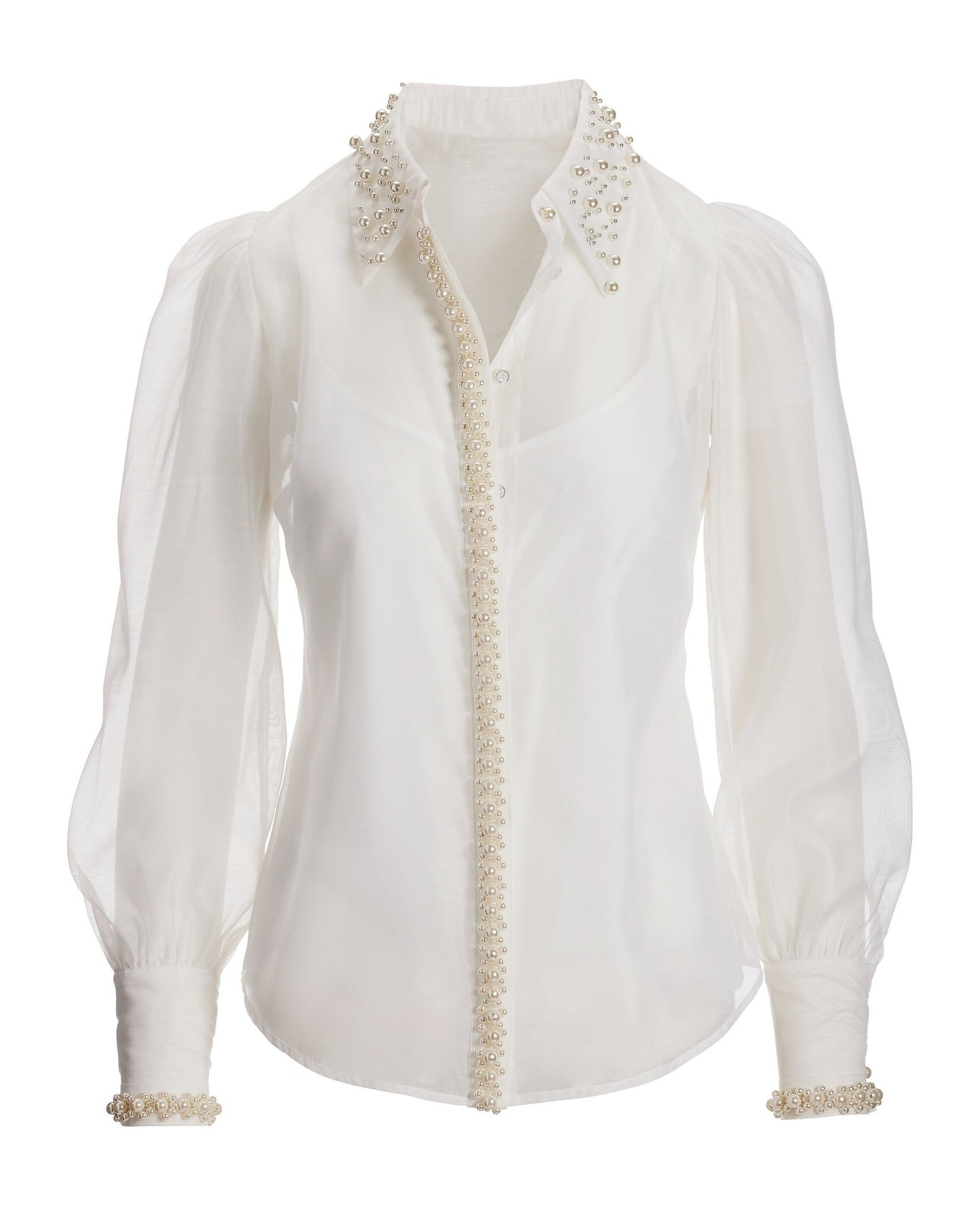 Pearl Embellished Organza Victoria Drama Sleeve Shirt White