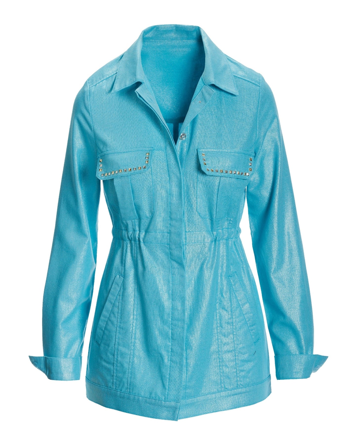 Metallic Brushed Linen Utility Jacket Blue Topaz