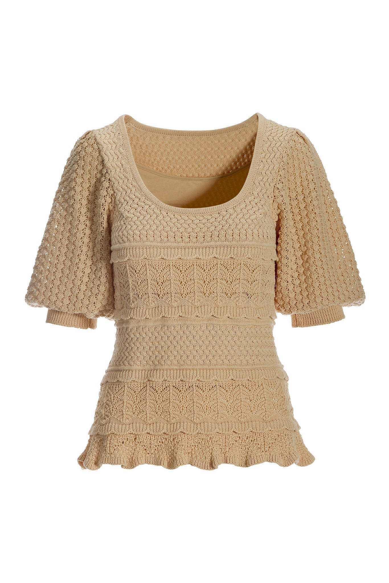 Crochet Detail Puff Sleeve Sweater Ecru