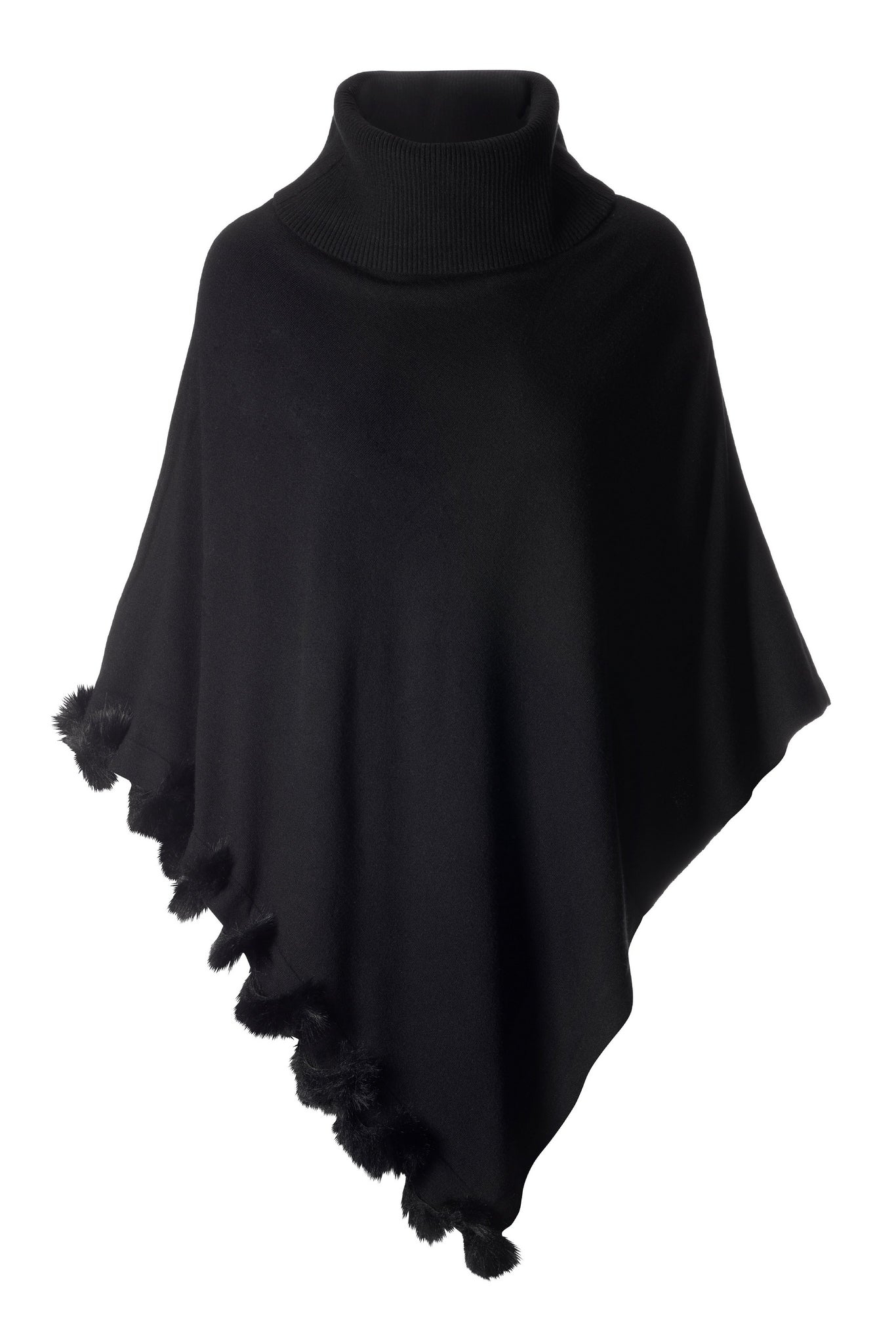 Faux Fur Trim Turtleneck Poncho Black