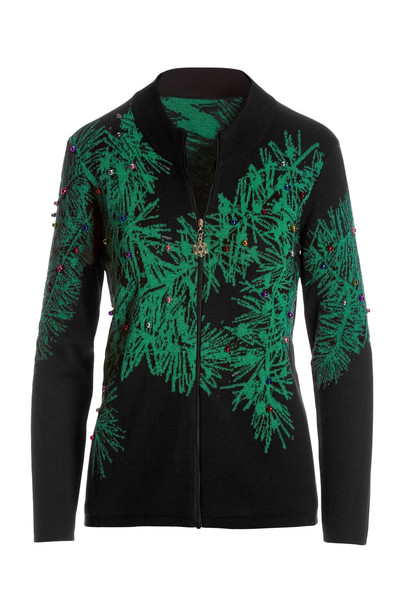 Festive Tree Zip Up Cardigan Black Multi