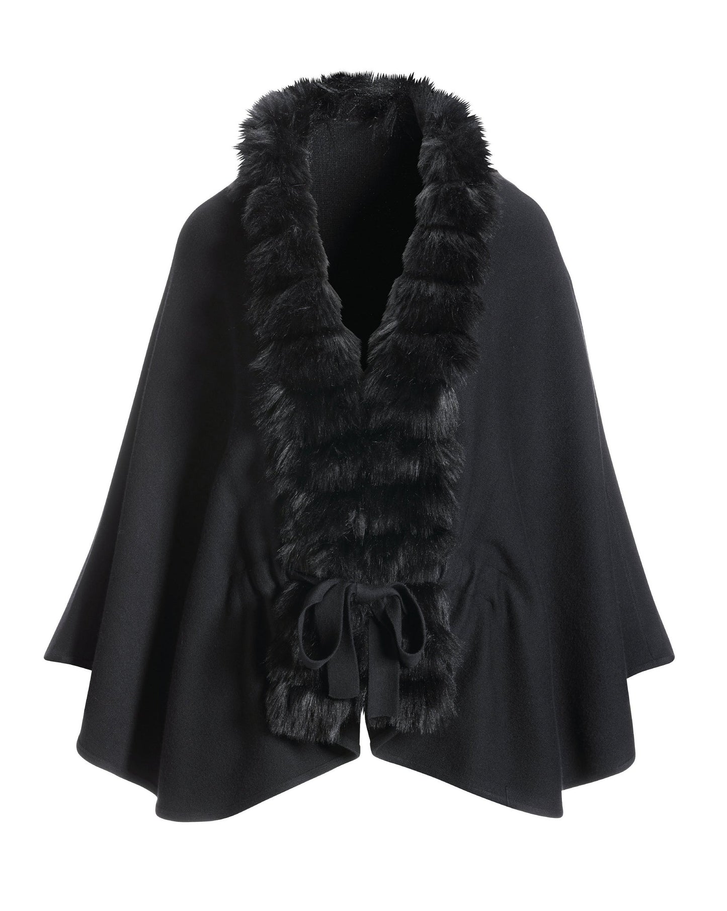 Faux Fur Tie Waist Poncho Black