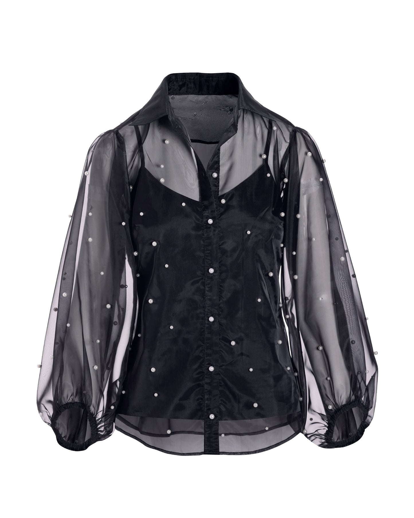 Pearl Embellished Organza Balloon Sleeve Shirt Black