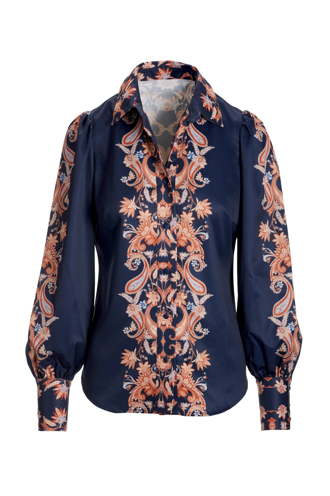 Paisley Scroll Print Victoria Chic Drama Sleeve Shirt Navy