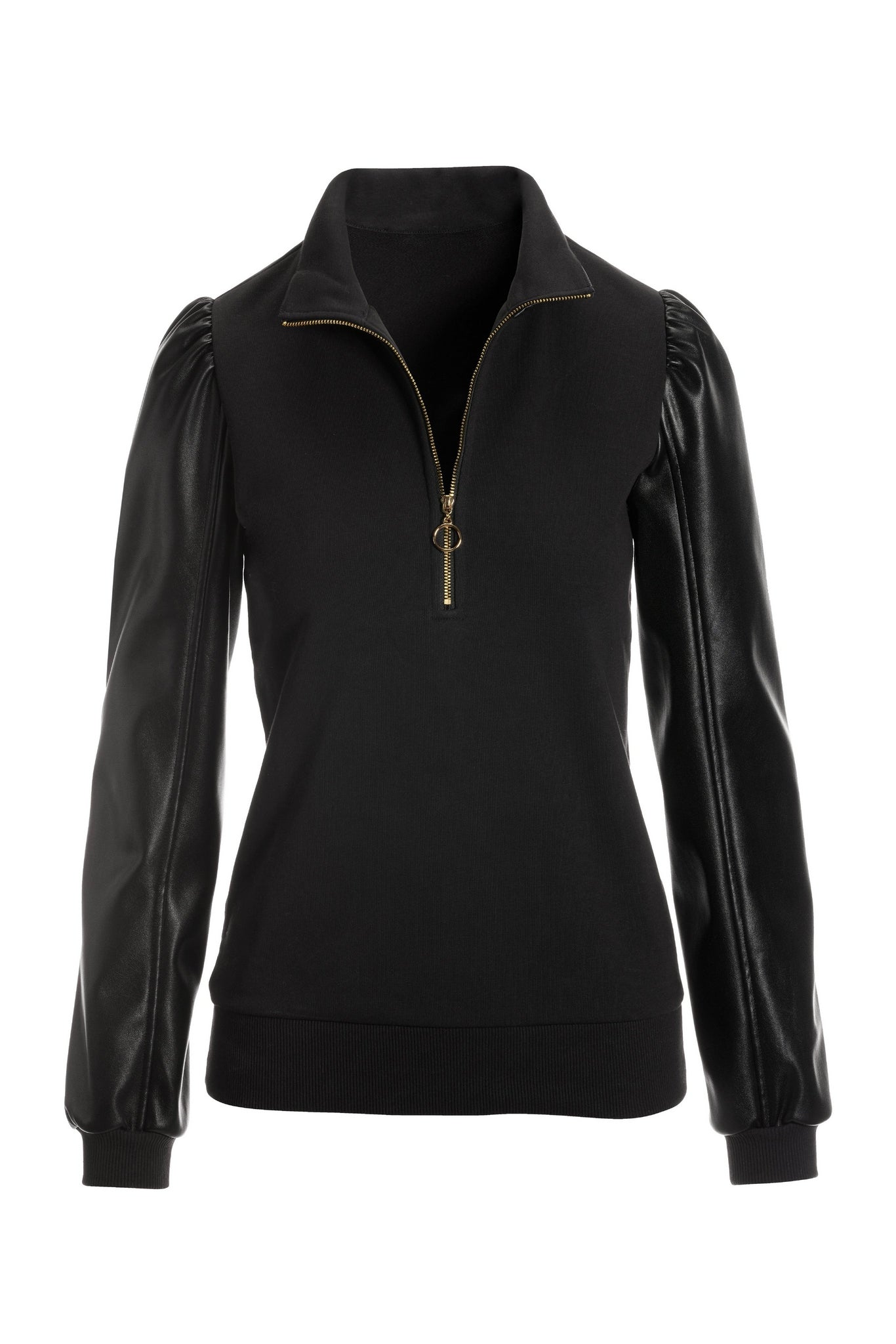 Faux Leather Sleeve Sweatshirt Black