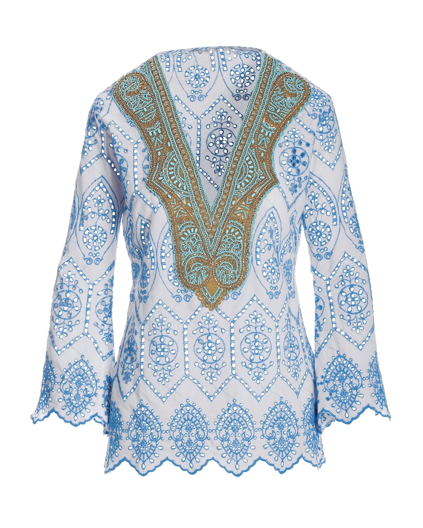Embellished Two Tone Eyelet Tunic White/Blue