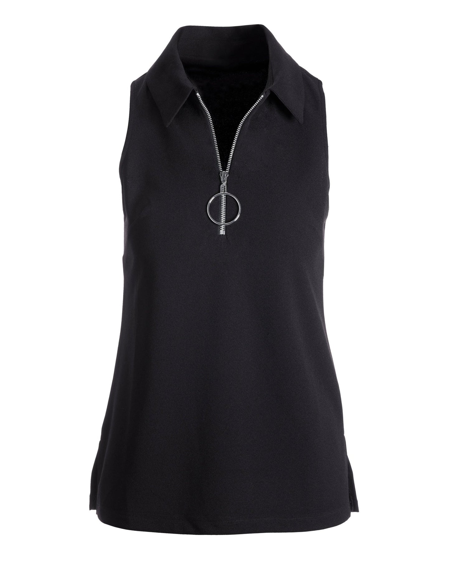 Collared Zip-Up Sleeveless Knit Top Black