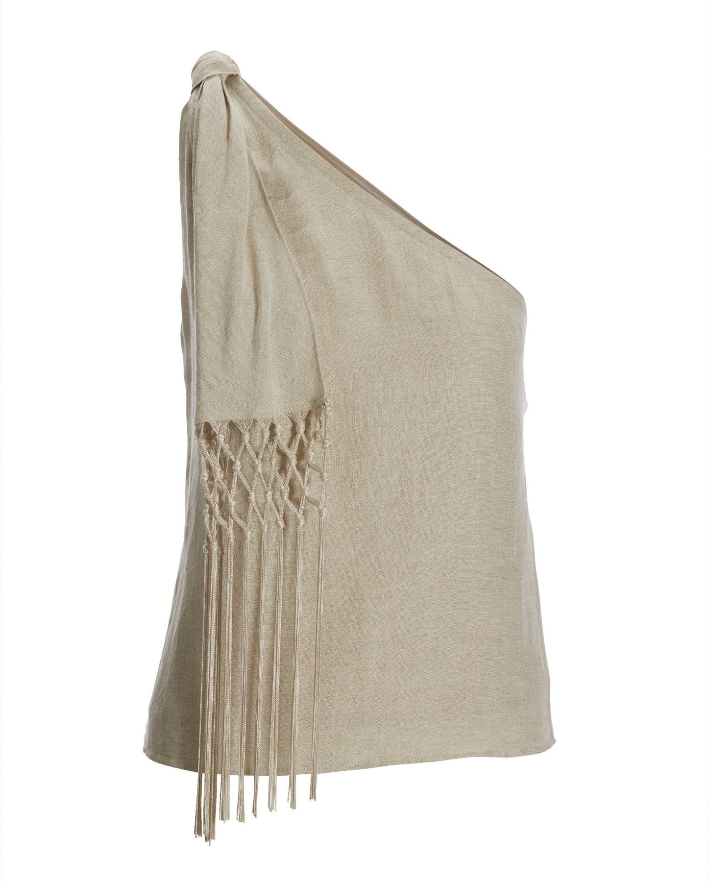 Linen Fringe One Shoulder Top Flax