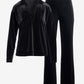 Chic Velour Collared V Neck Wide Leg Pant Set Black