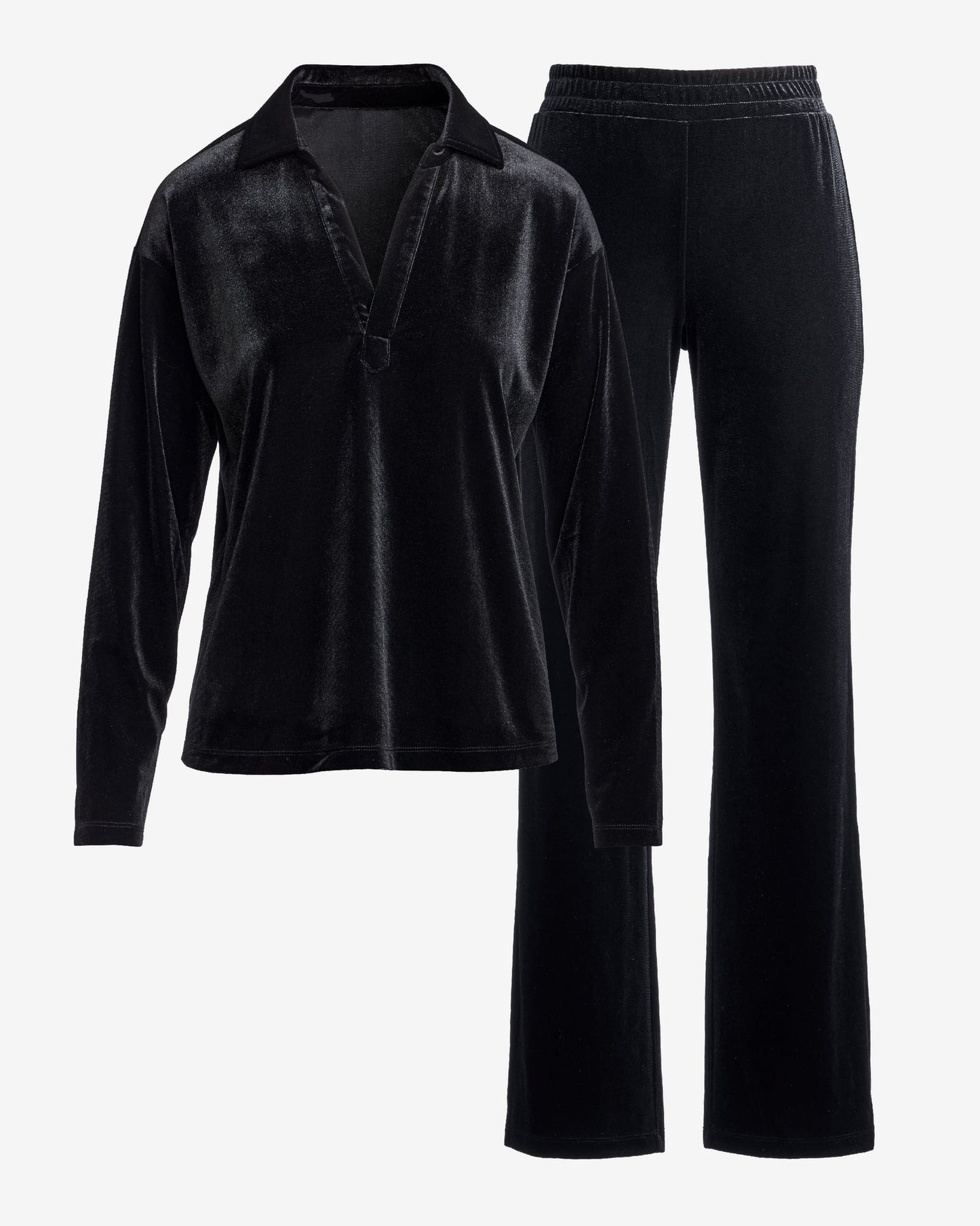 Chic Velour Collared V Neck Wide Leg Pant Set Black