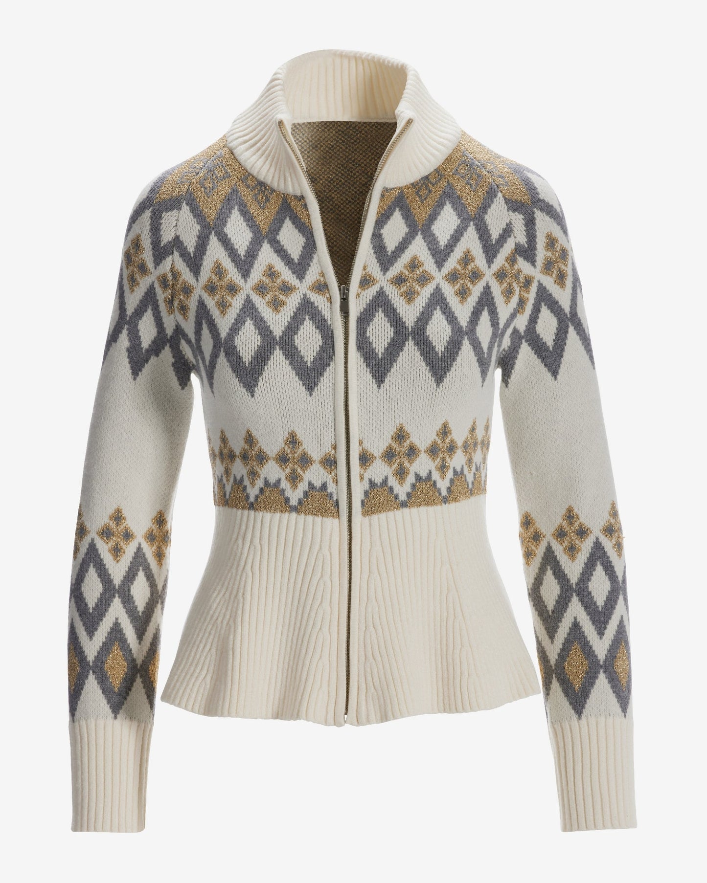 Fair Isle Peplum Full Zip Cardigan Off White Multi