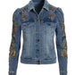 Paisley Embroidered And Embellished Puff Sleeve Denim Jacket Light Wash