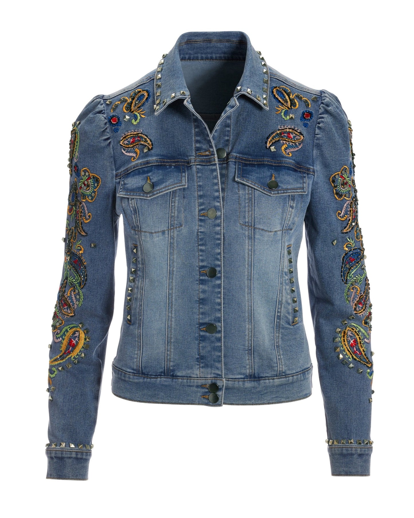 Paisley Embroidered And Embellished Puff Sleeve Denim Jacket Light Wash