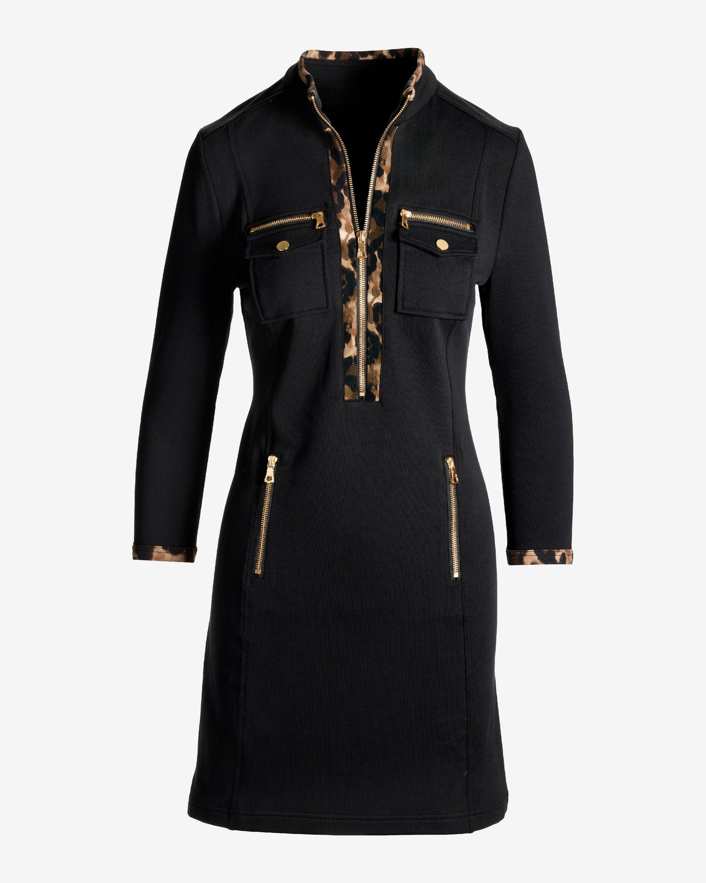 Chic Zip Printed Long Sleeve Dress Cheetah Spots
