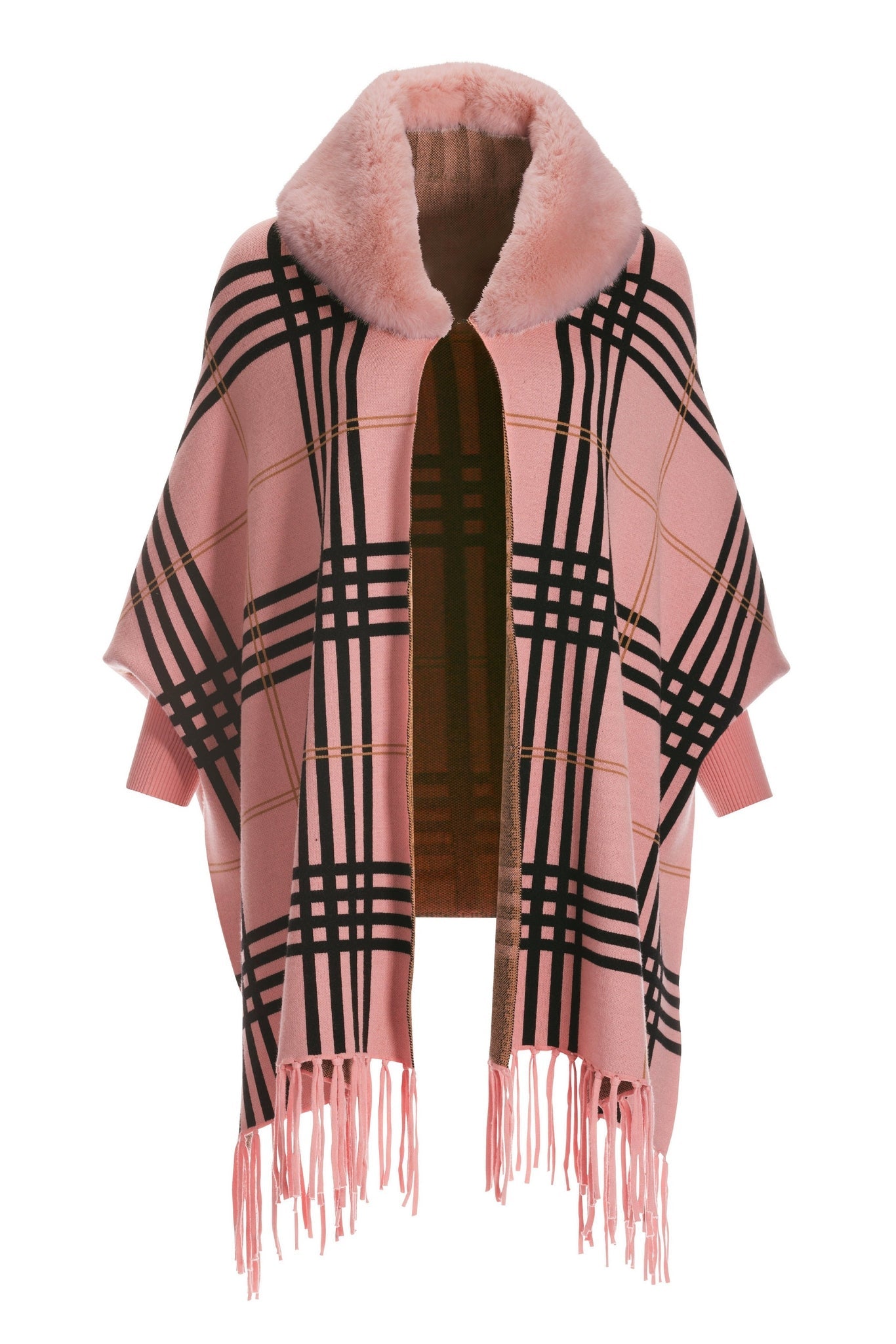 Plaid Faux Fur Collar Poncho Pink Multi