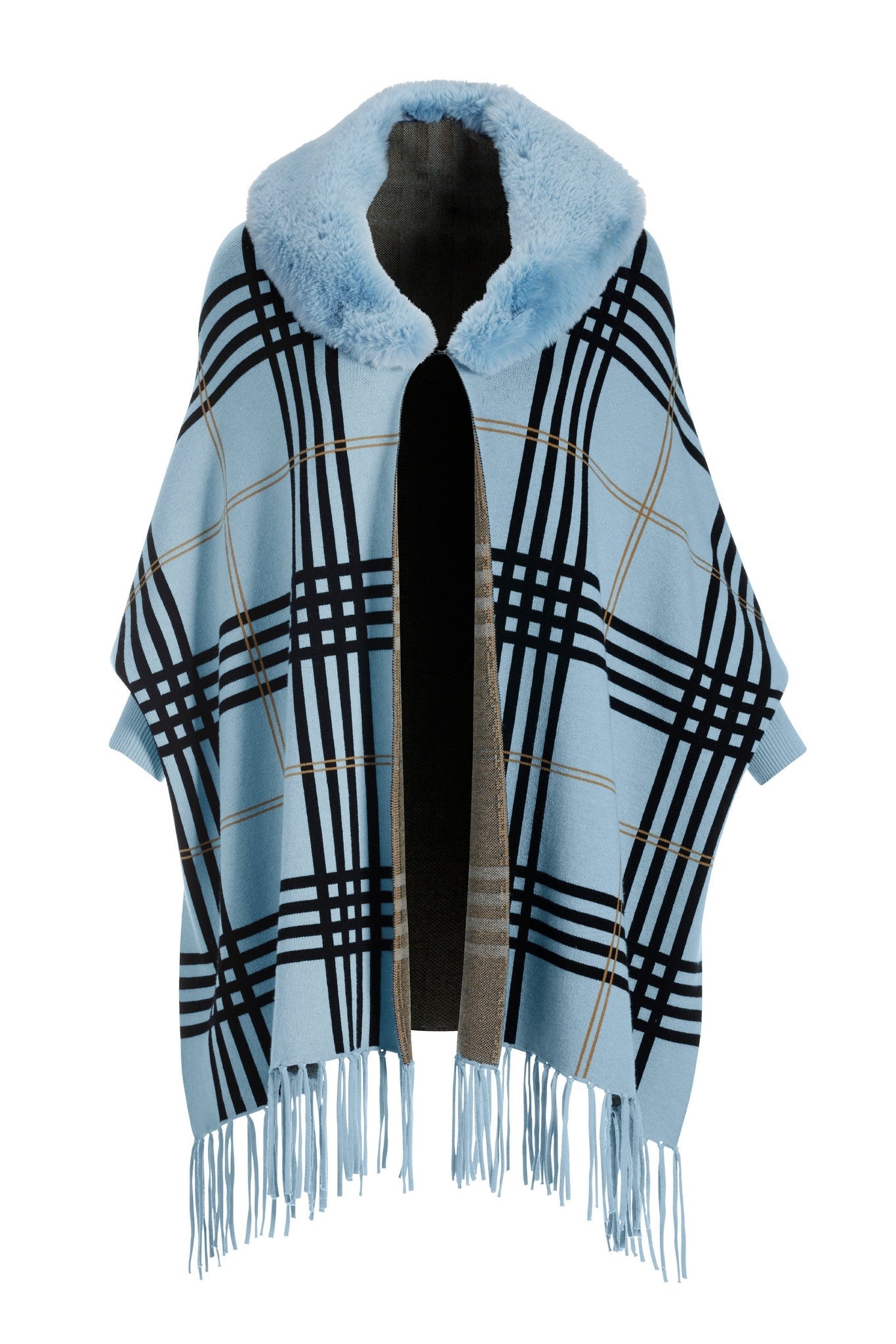 Plaid Faux Fur Collar Poncho Blue Multi