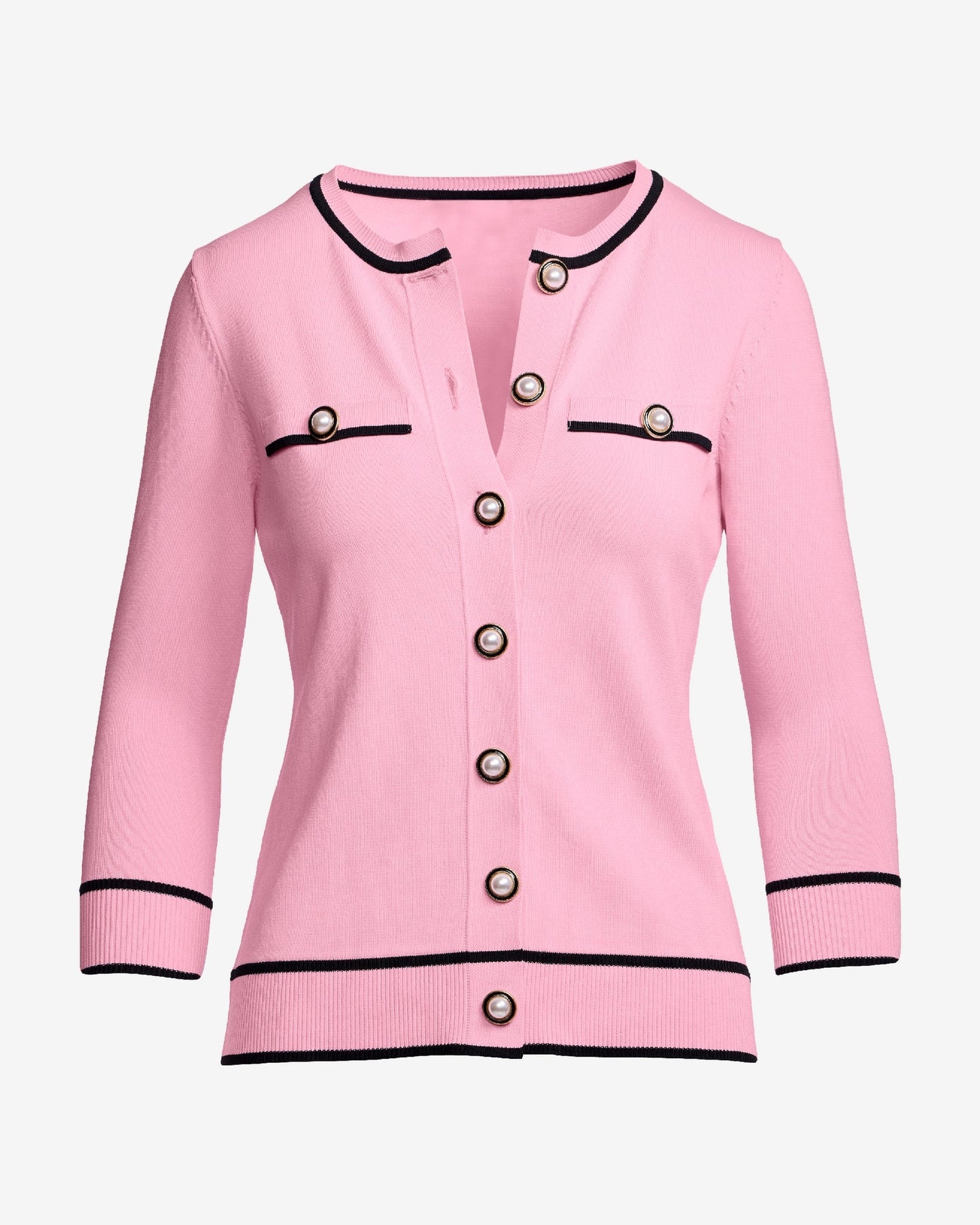 Colorblock Pearl Button Pullover Sweater Pink/Black