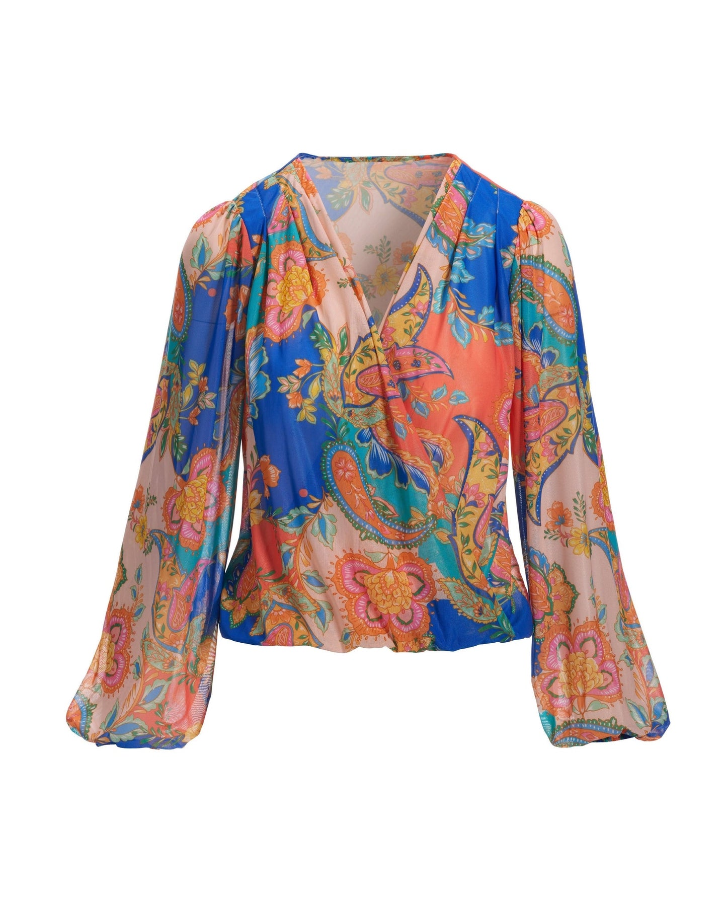 Paisley Mesh Surplice Long-Sleeve Knit Top Multi