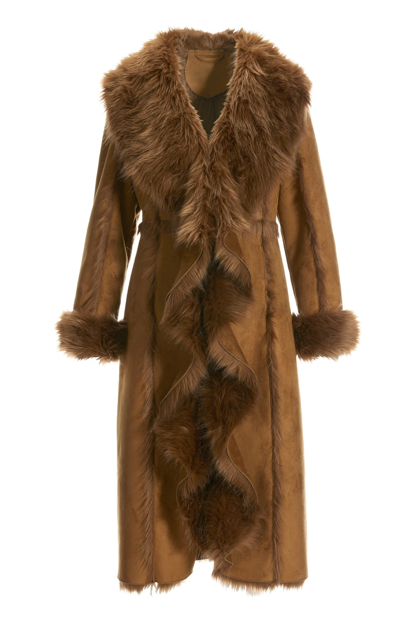 Faux-Fur Cascading Coat Tobacco