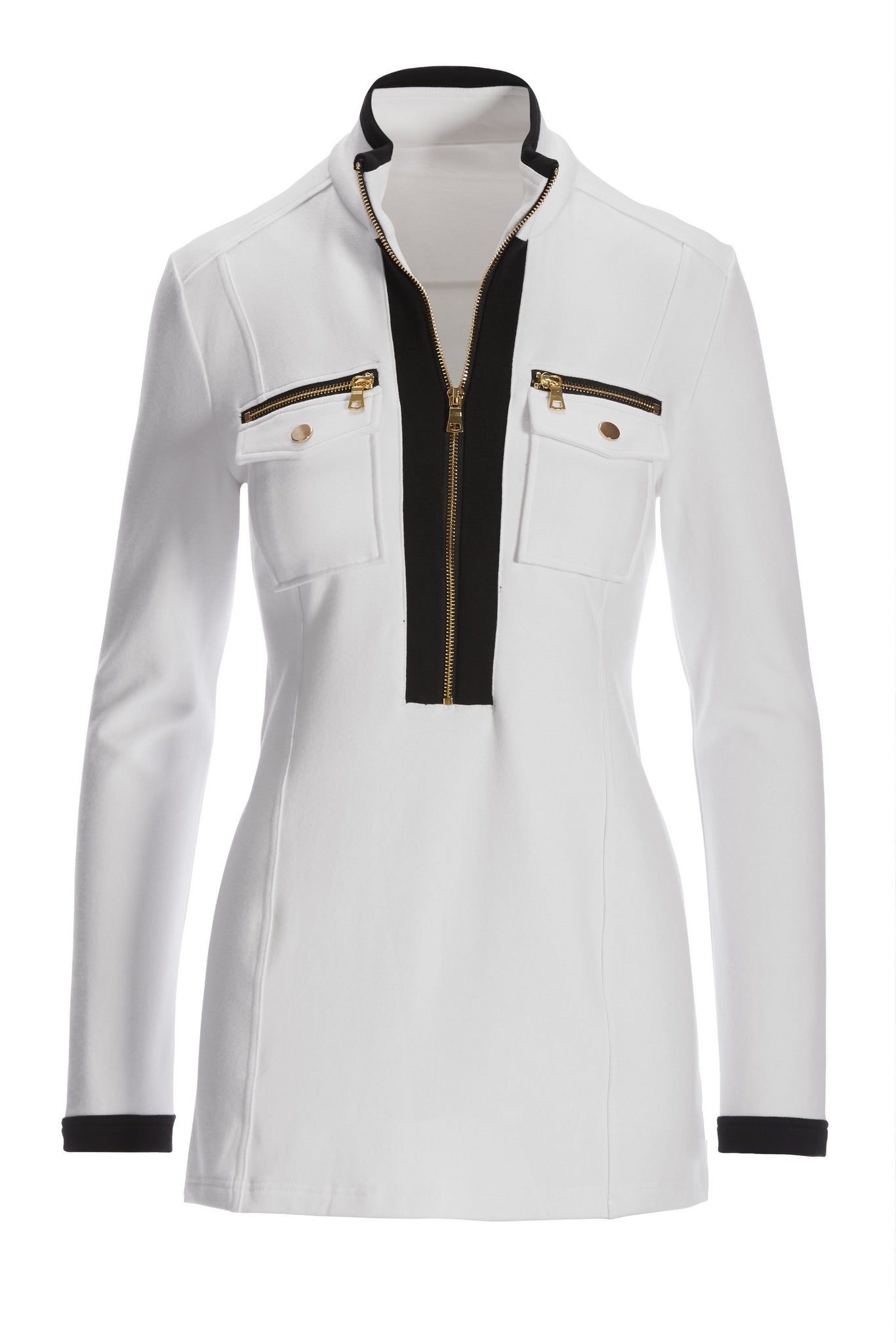 Long Sleeve Chic Zip Top White/Black