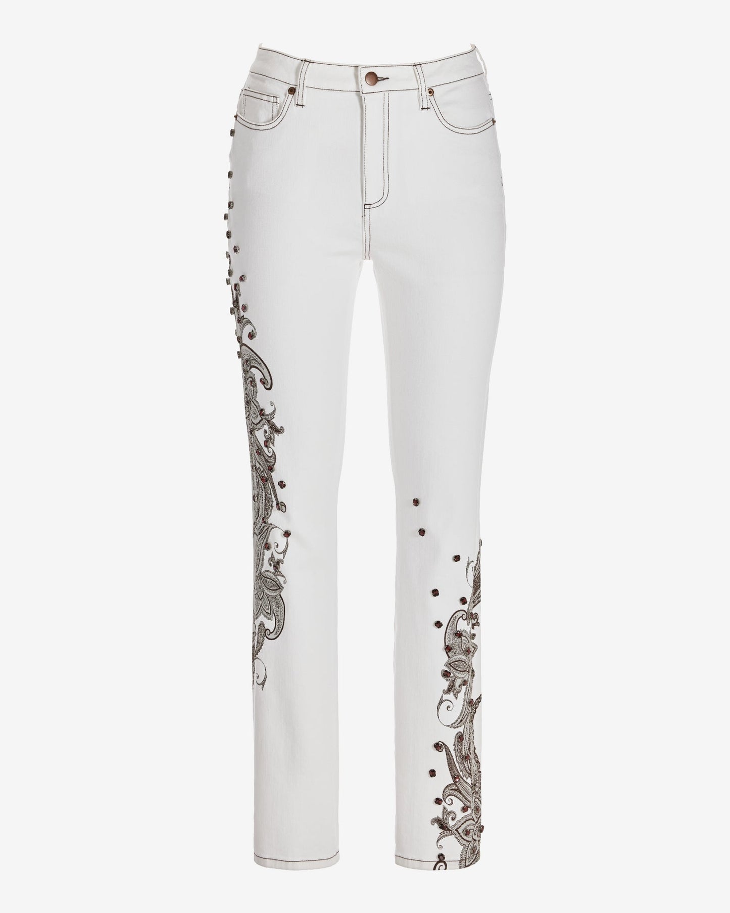 Newport High Rise Paisley Embellished Slim Straight Jean Off White/Brown