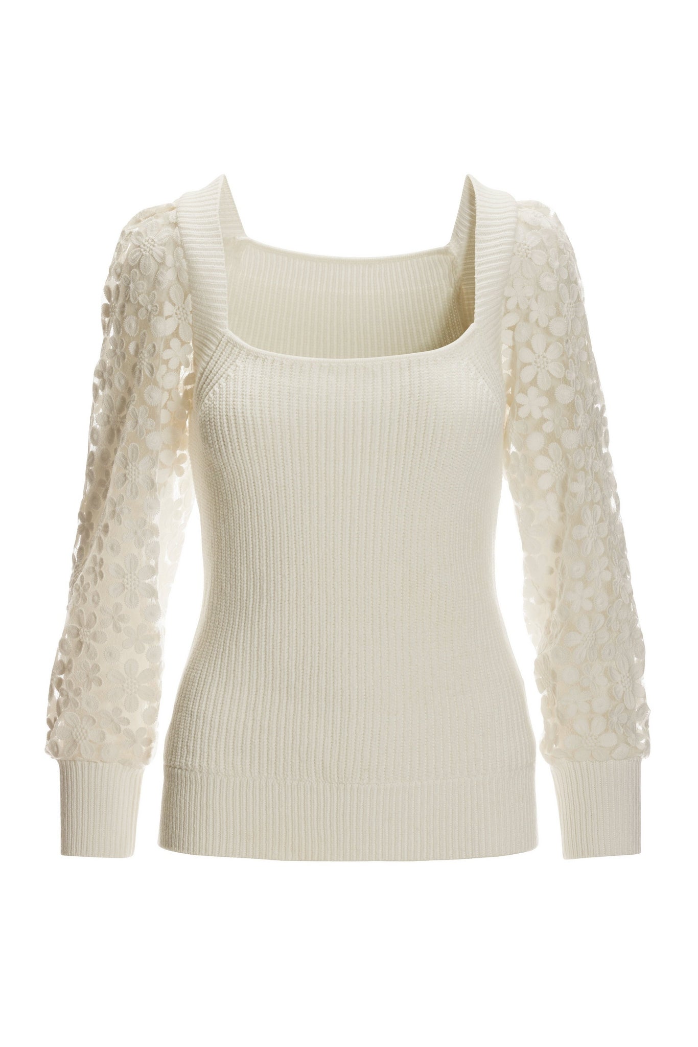 Floral Illusion Sleeve Square Neck Sweater Off White