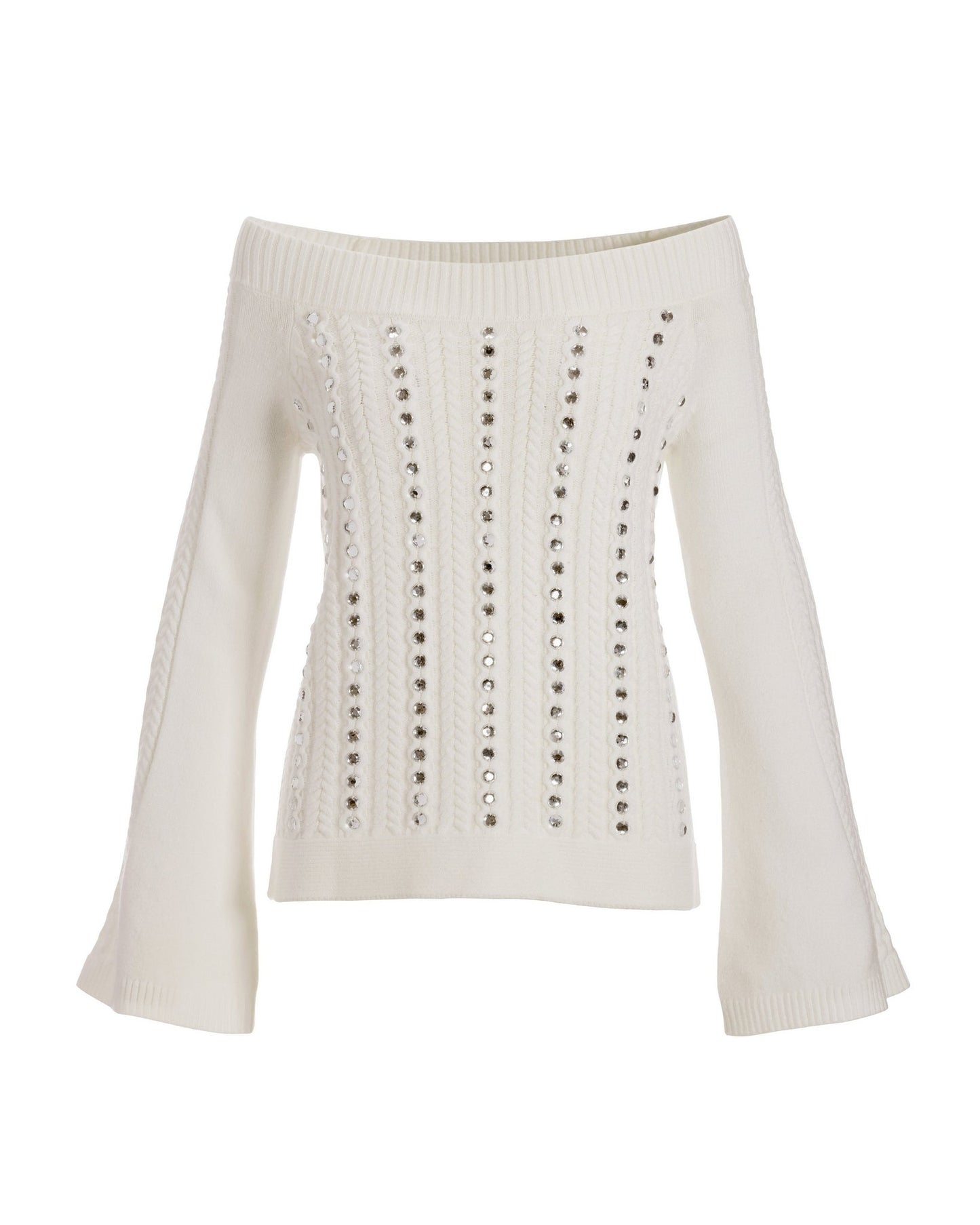 Rhinestone Embellished Off The Shoulder Sweater Off White