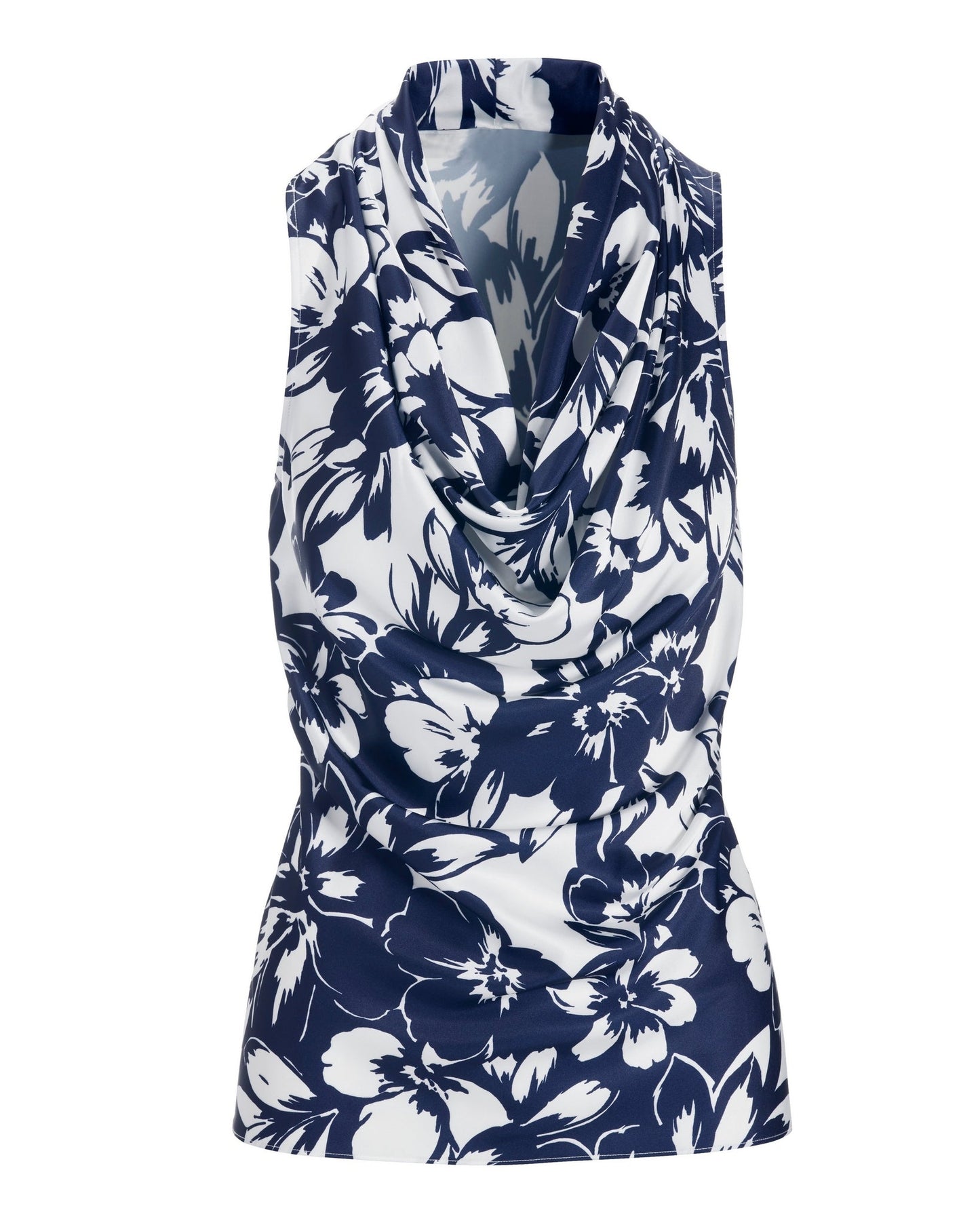 Exploded Florals Print Marilyn Cowl-Neck Charmeuse Blouse Navy/White