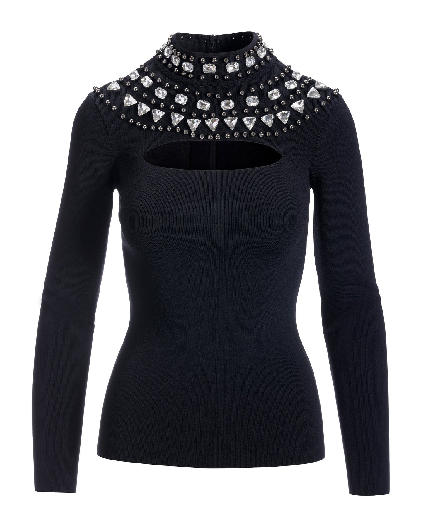 Rhinestone Mock Neck Cut Out Sweater Black