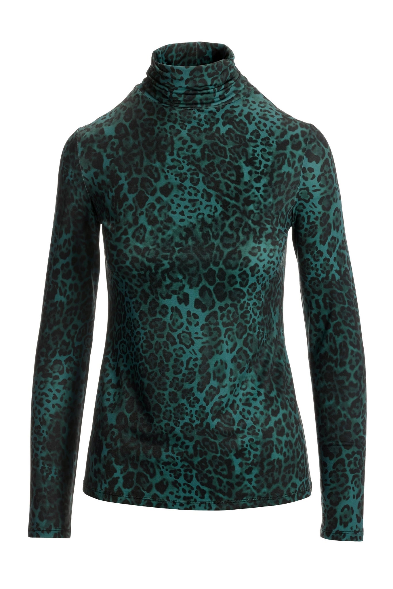 Leopard Turtleneck Knit Long-Sleeve Top Green