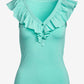 Linen Ruffle Henley Ribbed Top Aqua Splash